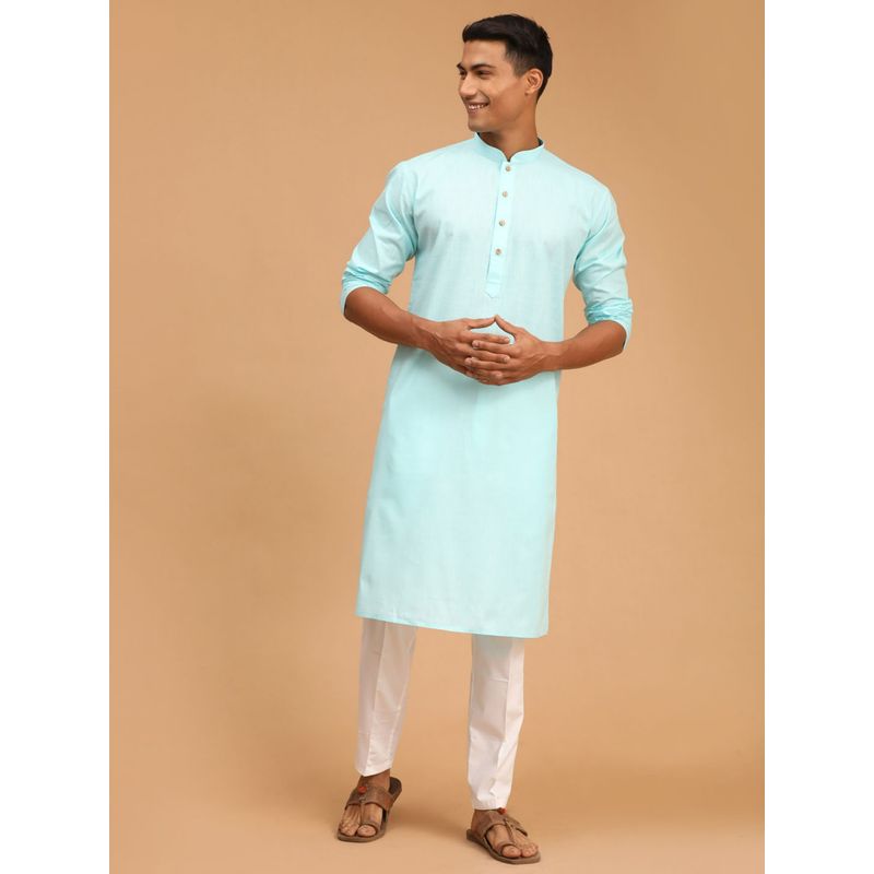 Vastramay Mens Aqua Blue and White Cotton Linen Kurta Pyjama (Set of 2) (S)