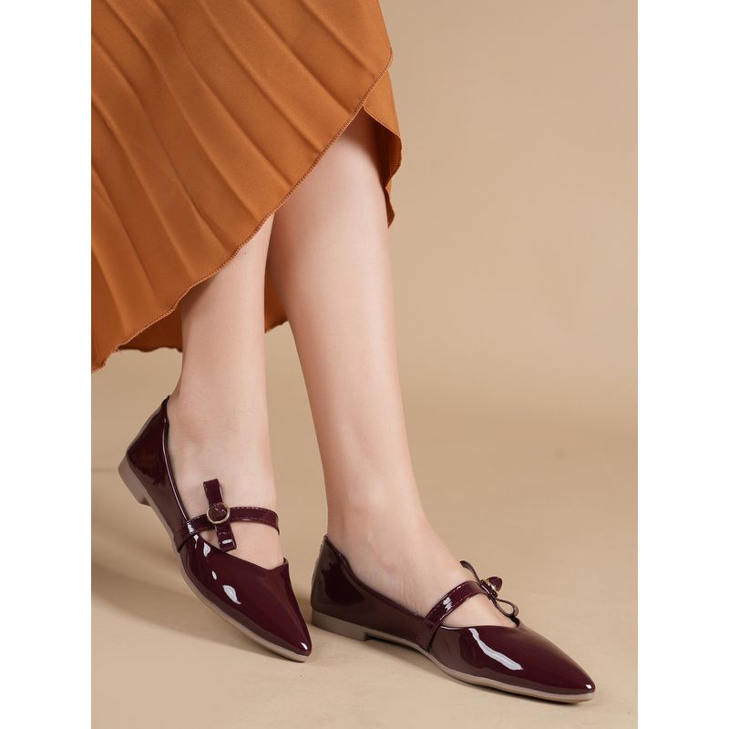 Drop Bold Maroon Pointed Toe Ballerinas with Bows for Women (EURO 36)