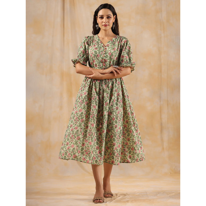 Jaipur Kurti Green Ethnic Floral Printed Flared Dress (S)