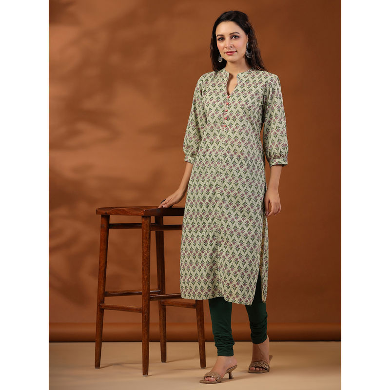 Jaipur Kurti Sage Green Ethnic Mughal Buti Printed Straight Kurta (L)