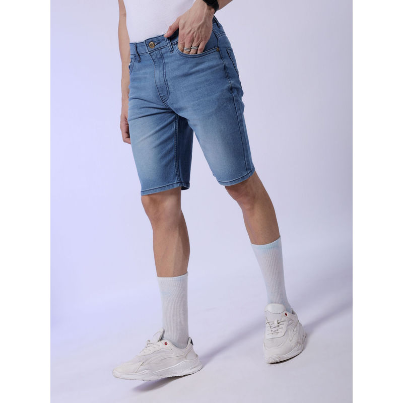 The Indian Garage Co Men Blue Slim Fit Solid Mid-Rise Denim Shorts (28)