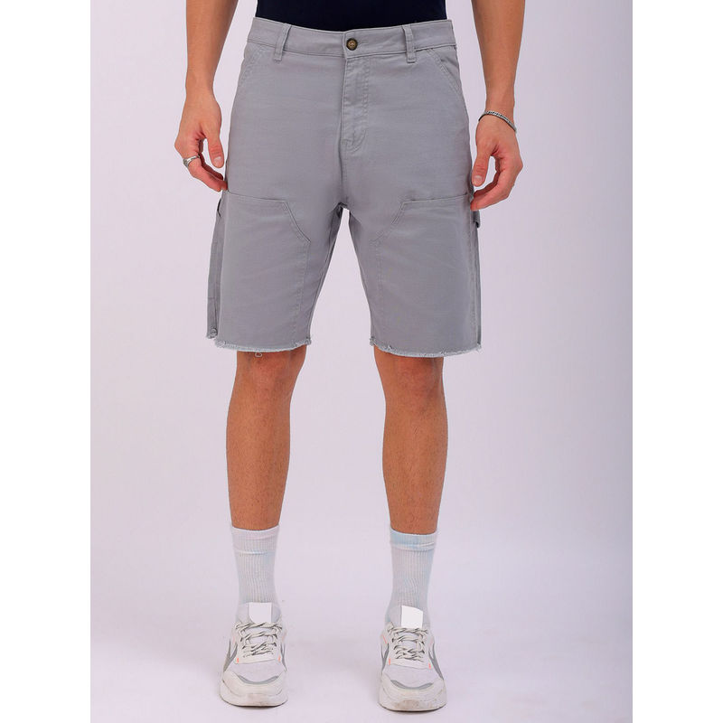 The Indian Garage Co Men Grey Relaxed Fit Patched Mid-Rise Carpenter Utility Cargo Shorts (32)