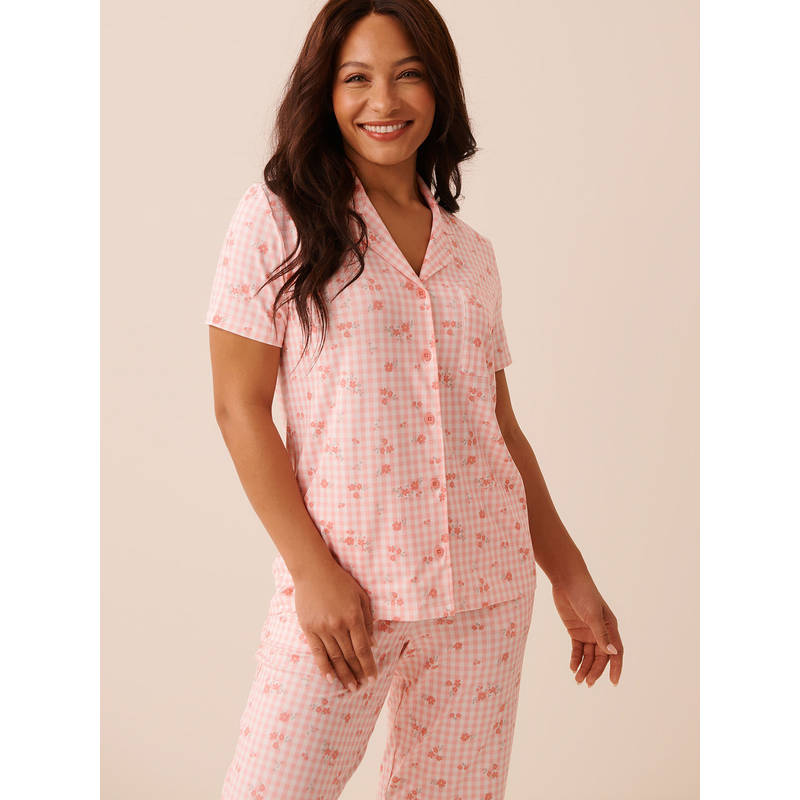 La Vie En Rose Pink Floral Gingham Print Super Soft Button-Down Shirt (S)