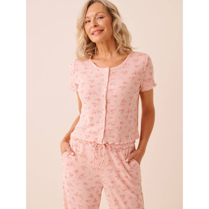 La Vie En Rose Pink Floral Print Ruffle Hem Pointelle Top (S)