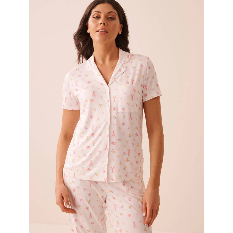 La Vie En Rose White Lobster Floral Print Super Soft Button-Down Shirt (XL)