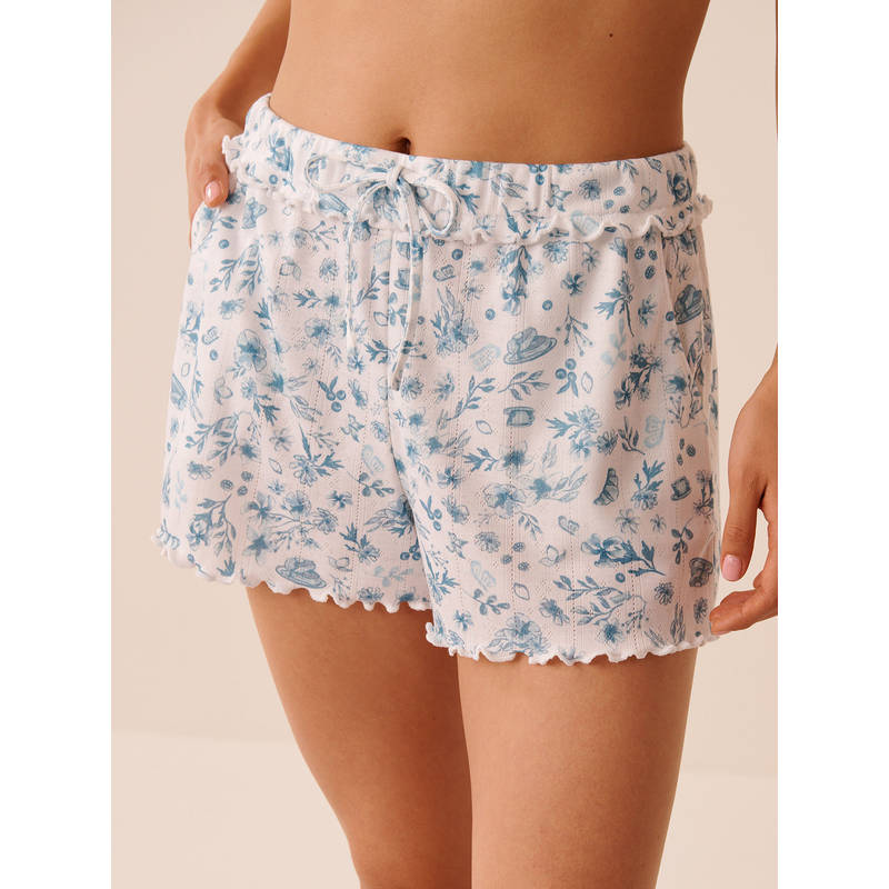 La Vie En Rose White Floral Print Ruffle Hem Pointelle Shorts (S)