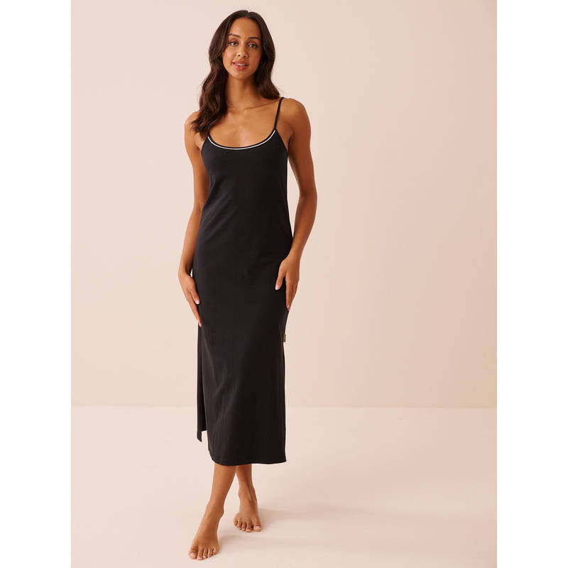 La Vie En Rose Black Cotton Long Nightie with Shelf Bra (S)