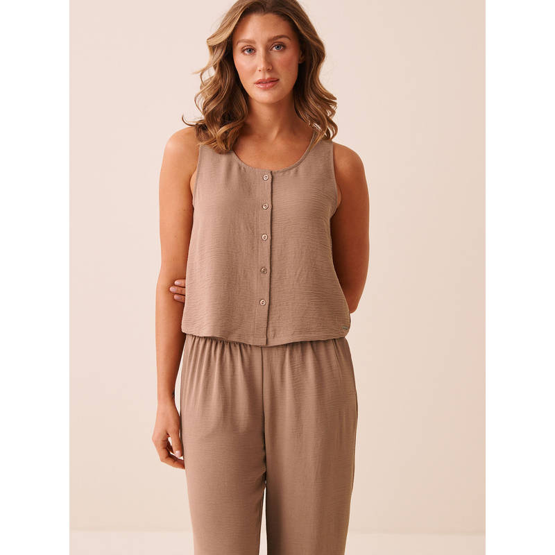 La Vie En Rose Brown Button-Down Crinkle Top (XL)