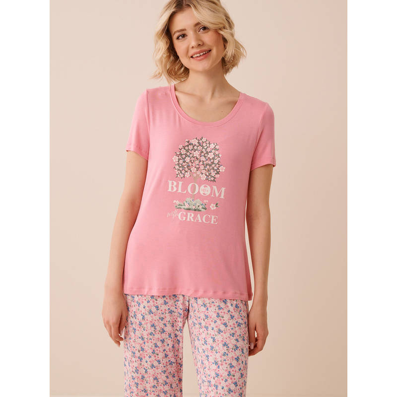La Vie En Rose Pink Floral Print Soft Jersey T-Shirt (XS)