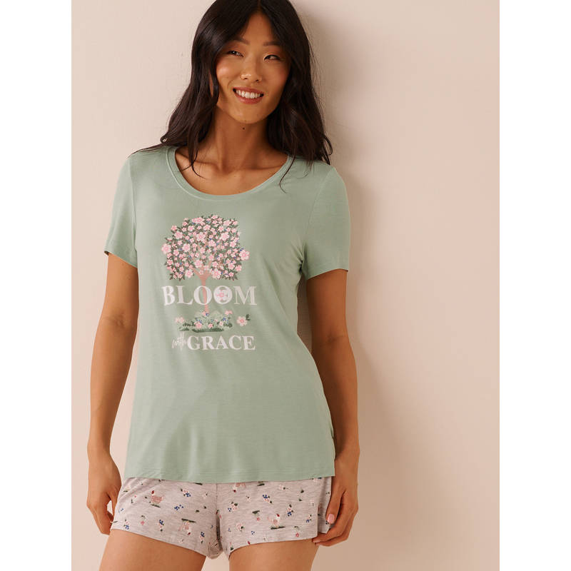 La Vie En Rose Green Floral Print Soft Jersey T-Shirt (XS)