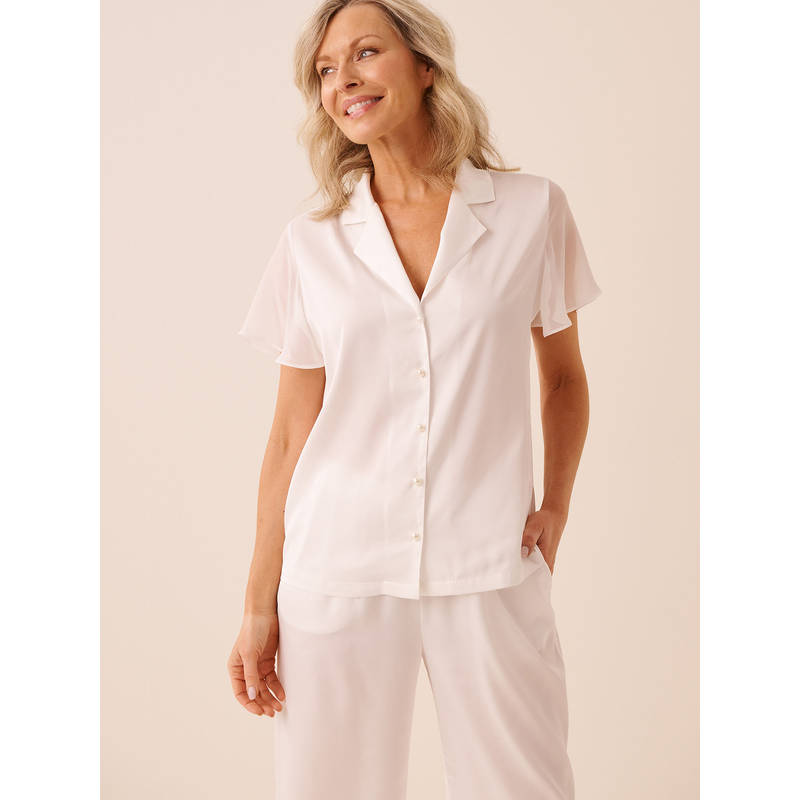La Vie En Rose White Beaded Satin and Chiffon Button-Down Shirt (XL)