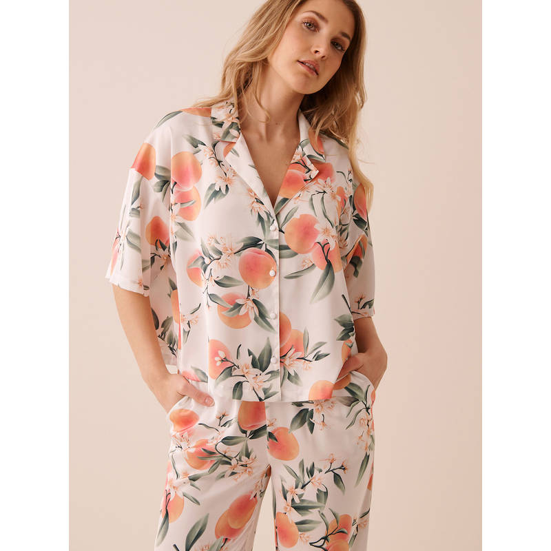 La Vie En Rose White Print Satin Button-Down Shirt (XL)