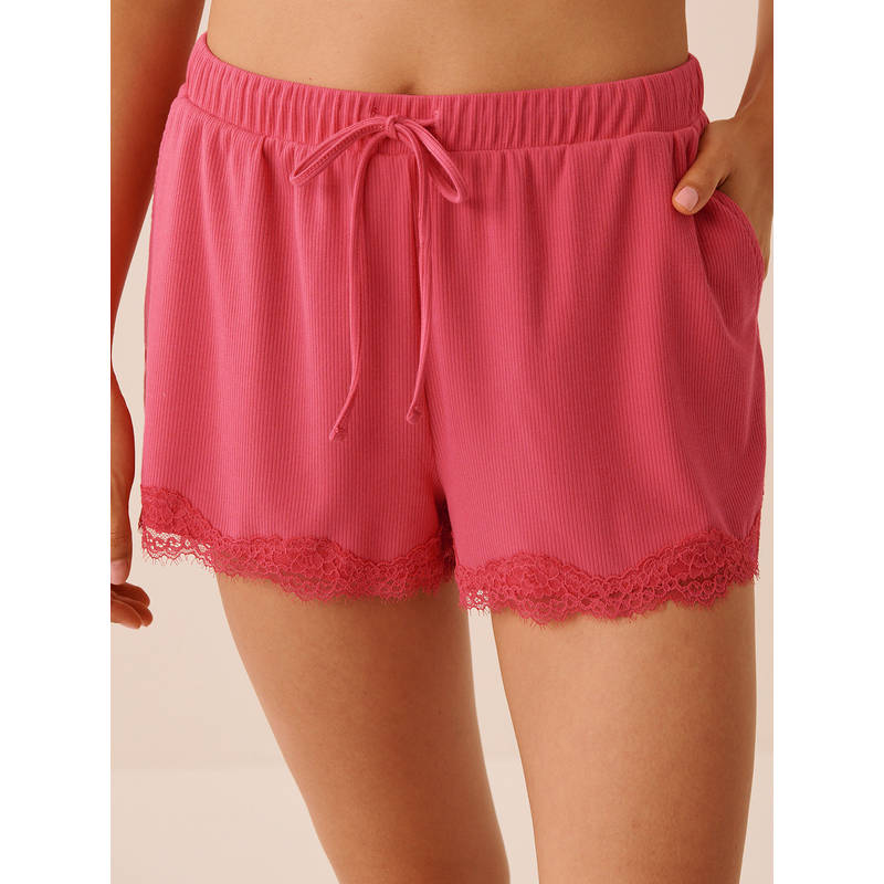 La Vie En Rose Pink Ribbed Modal and Lace Trim Shorts (S)