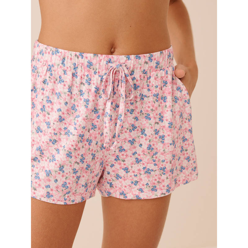 La Vie En Rose Pink Bloom and Berry Print Soft Jersey Shorts (XS)