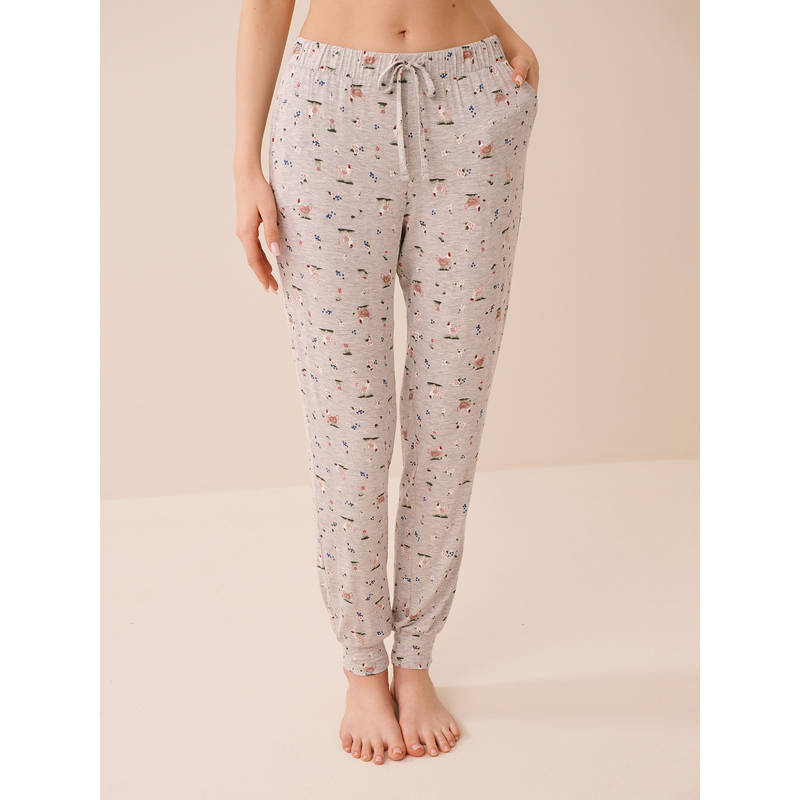 La Vie En Rose Grey Chicken Print Soft Jersey Jogger Pajama (M)