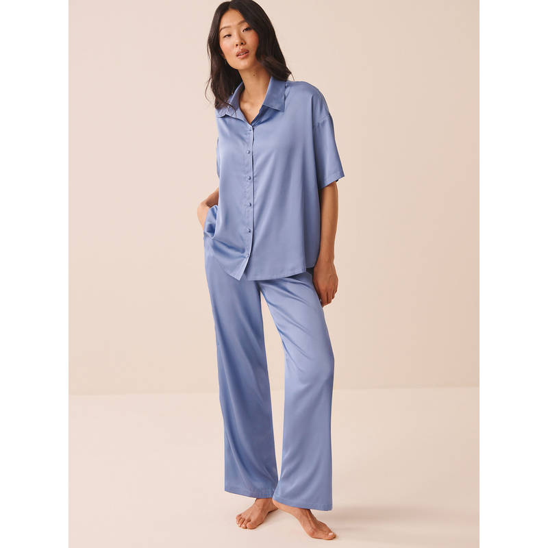La Vie En Rose Blue Short Sleeve Satin Shirt with Pajama (XL)