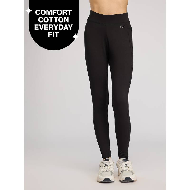 Ultimate Cotton Leggings with Anti Knee Bulge Fabric & Side Pockets NYAT401U Black (L)