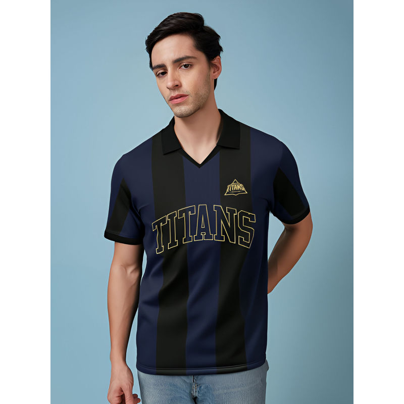 FanCode Shop Navy Blue Stripes Half Sleeves Polyester Polo T-Shirt (L)