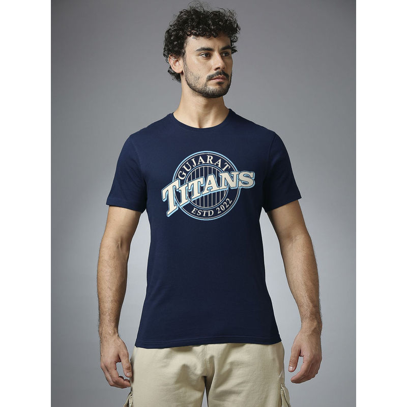 FanCode Shop Navy Blue Printed Half Sleeves Round Neck Cotton T-Shirt (M)