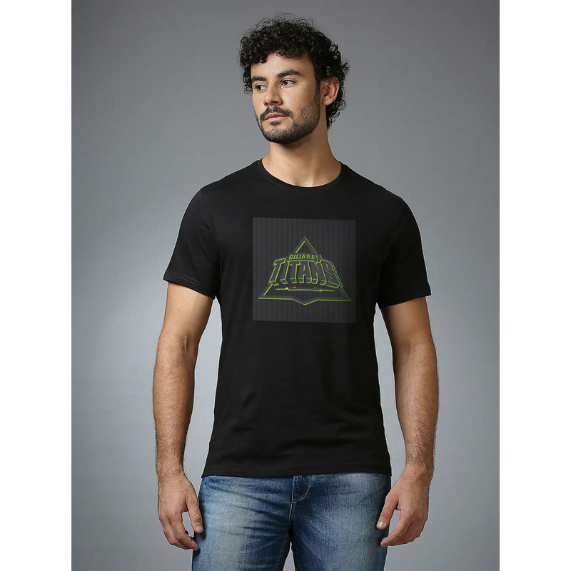 FanCode Shop Black Logo Printed Half Sleeves Round Neck Cotton T-Shirt (L)