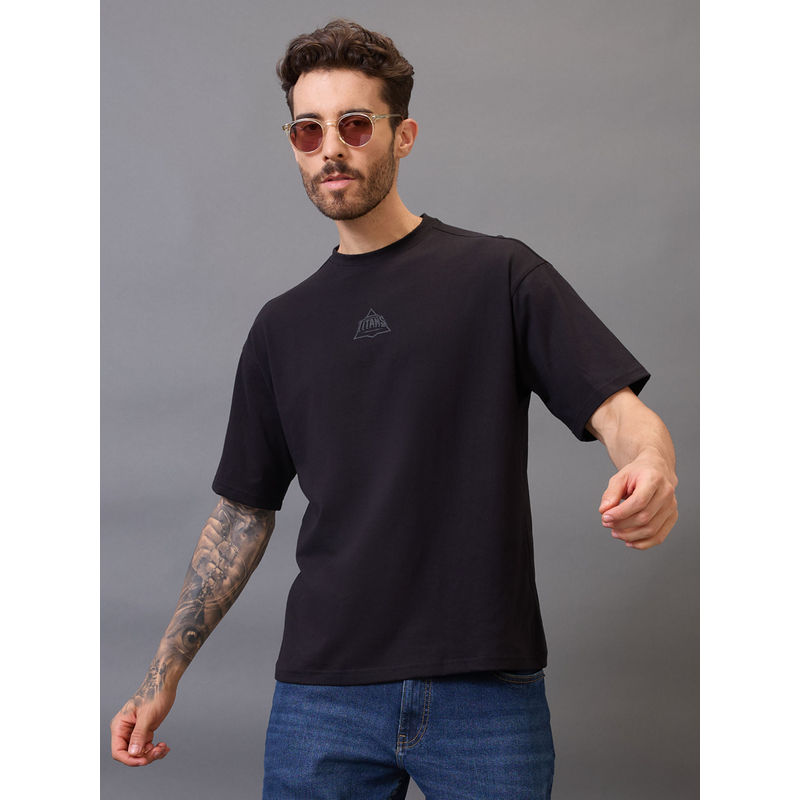 FanCode Shop Black Printed Half Sleeves Round Neck Oversized Cotton T-Shirt (XL)