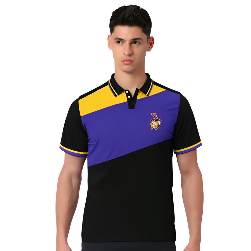 FanCode Shop Black Colorblocked Half Sleeves Collar Cotton Polo T-Shirt (L)