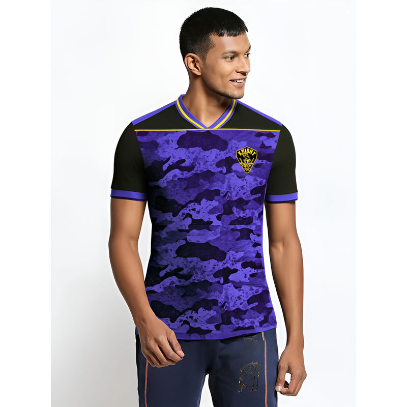 FanCode Shop Black & Purple All Over Printed Half Sleeves V-Neck Polyester T-Shirt (M)
