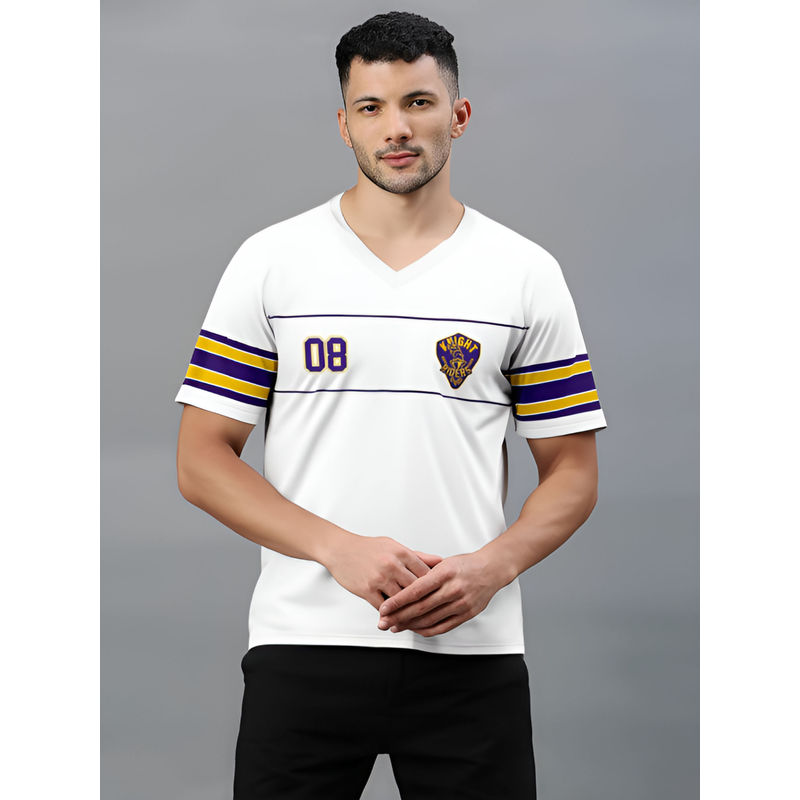 FanCode Shop White Logo Printed Half Sleeves V-Neck Oversized Cotton T-Shirt (L)