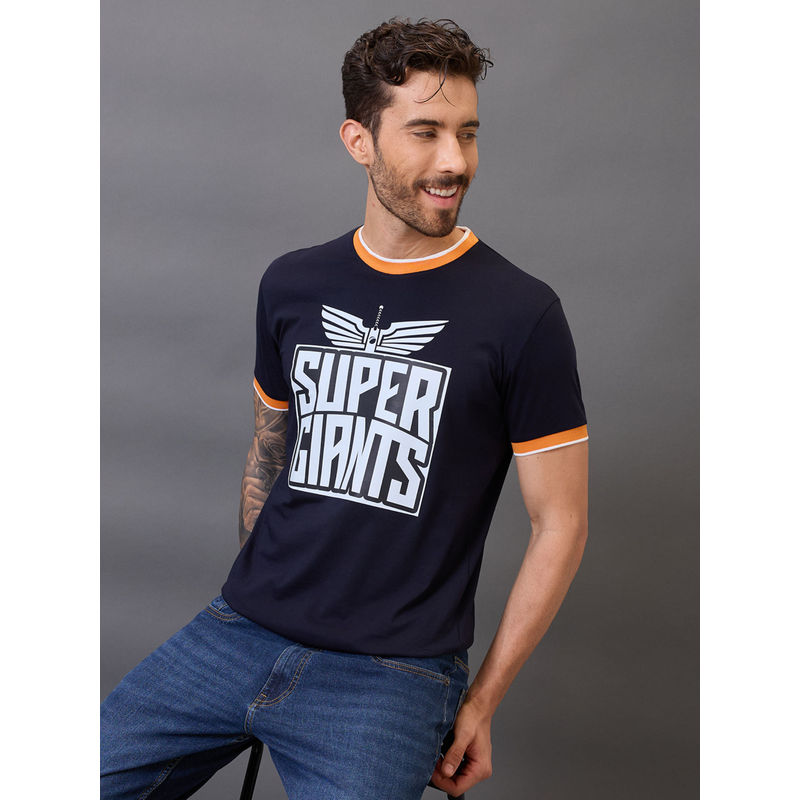 FanCode Shop Navy Blue Typography Half Sleeves Round Neck Cotton T-Shirt (M)