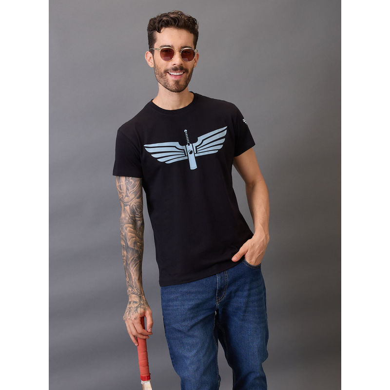 FanCode Shop Black Logo Printed Half Sleeves Round Neck Cotton T-Shirt (M)