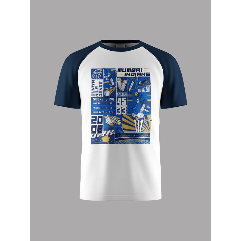 FanCode Shop White & Navy Blue Cotton Printed Round Neck T-Shirt (L)