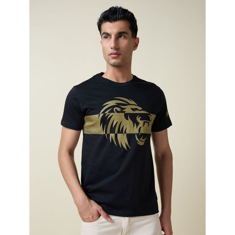 FanCode Shop Black Graphic Printed Half Sleeves Round Neck Cotton T-Shirt (L)