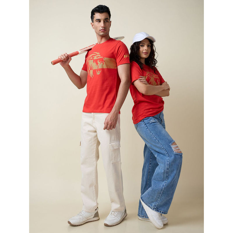 FanCode Shop Red Graphic Printed Half Sleeves Round Neck Cotton T-Shirt (M)