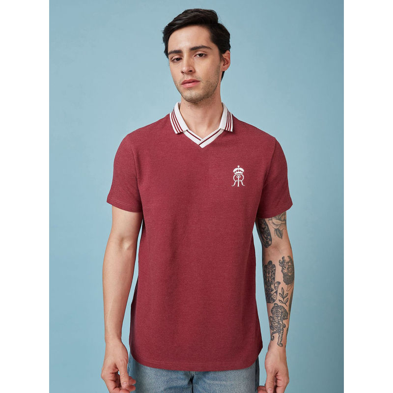 FanCode Shop Maroon Textured Premium Cotton Neck Polo T-Shirt (L)