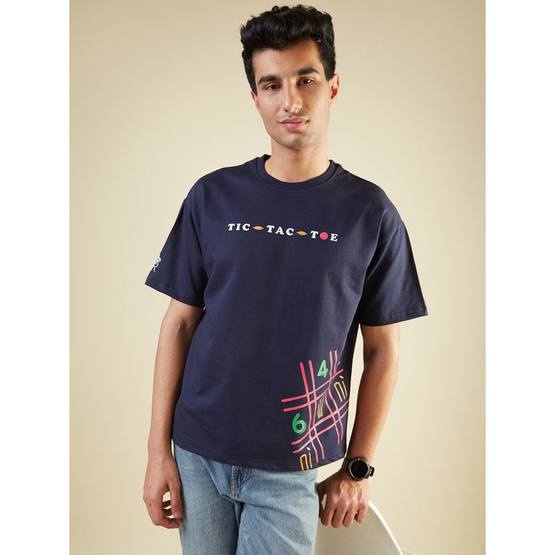 FanCode Shop Navy Blue Tic Tac Toe Power Play Printed Oversized T-Shirt (XL)