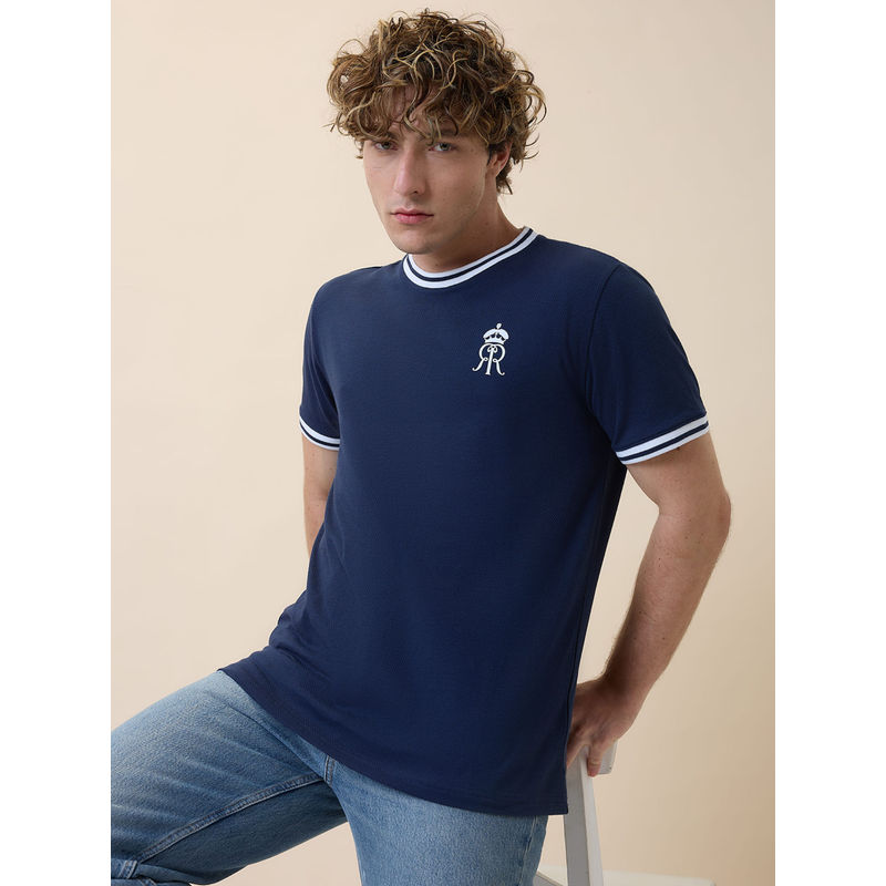FanCode Shop Navy Blue Solid Half Sleeves Round Neck Cotton T-Shirt (L)