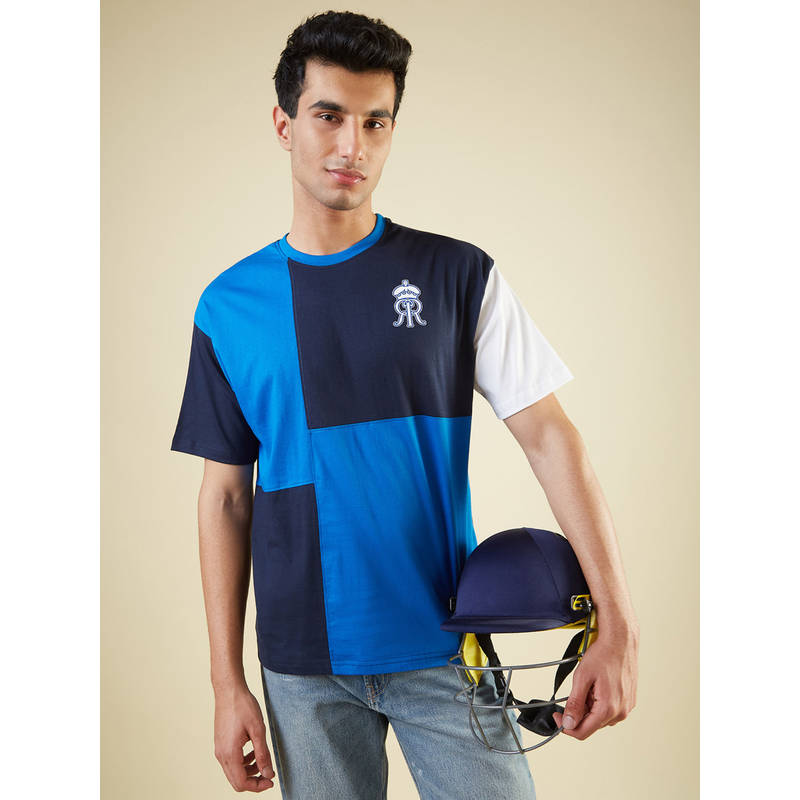 Buy FanCode Shop Blue Colorblock Half Sleeves Round Neck Oversized T ...