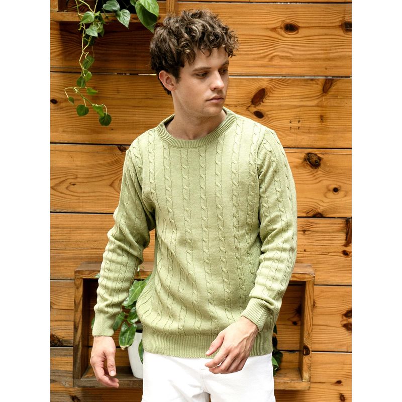 CAHOOT Men Olive Green Cable Knit Sweater (M)