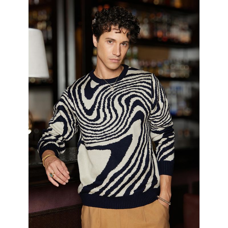 Campus Sutra Men Onyx Black and Saltbox Beige Fluid Pullover Sweater (XL)