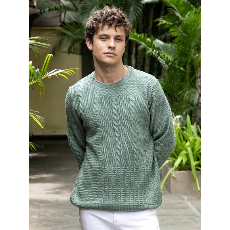 Campus Sutra Men Sage Green Twist-Knit Pullover Sweater (M)