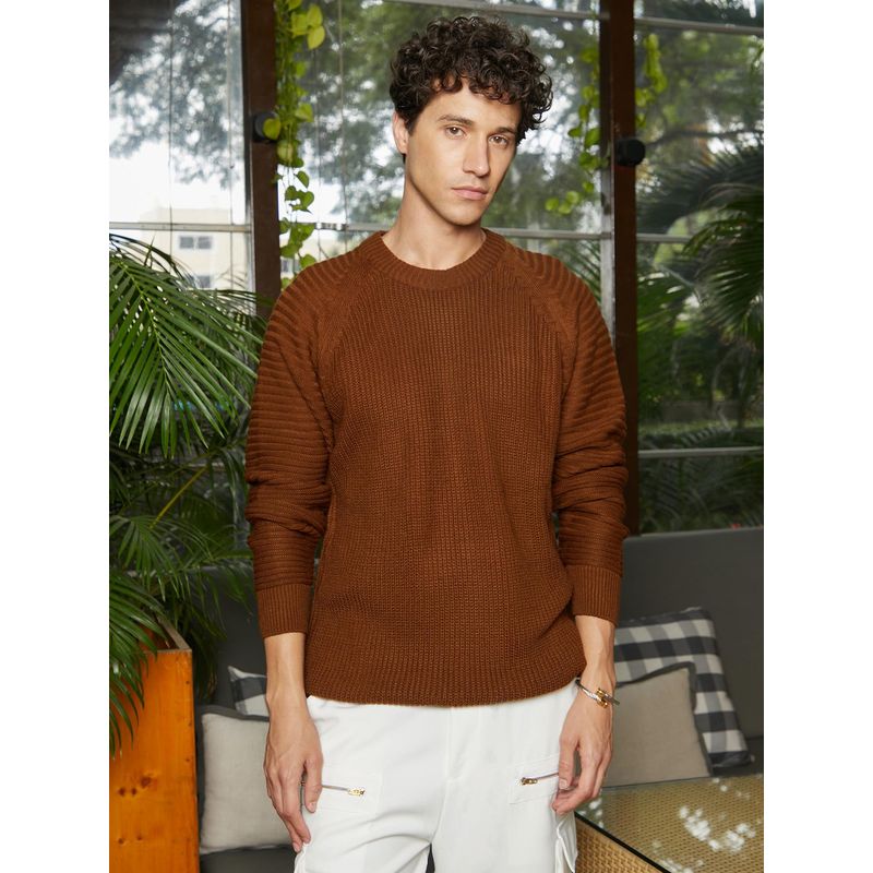 Campus Sutra Men Chocolate Brown Self-Raglan Knit Pullover Sweater (L)