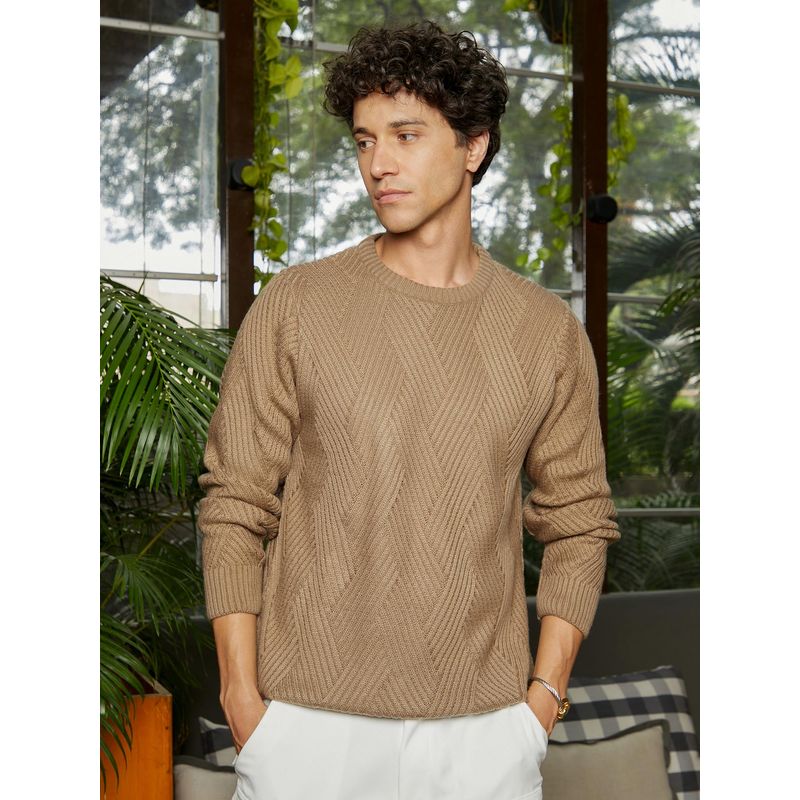 Campus Sutra Men Ash Brown Basket-Knit Pullover Sweater (M)