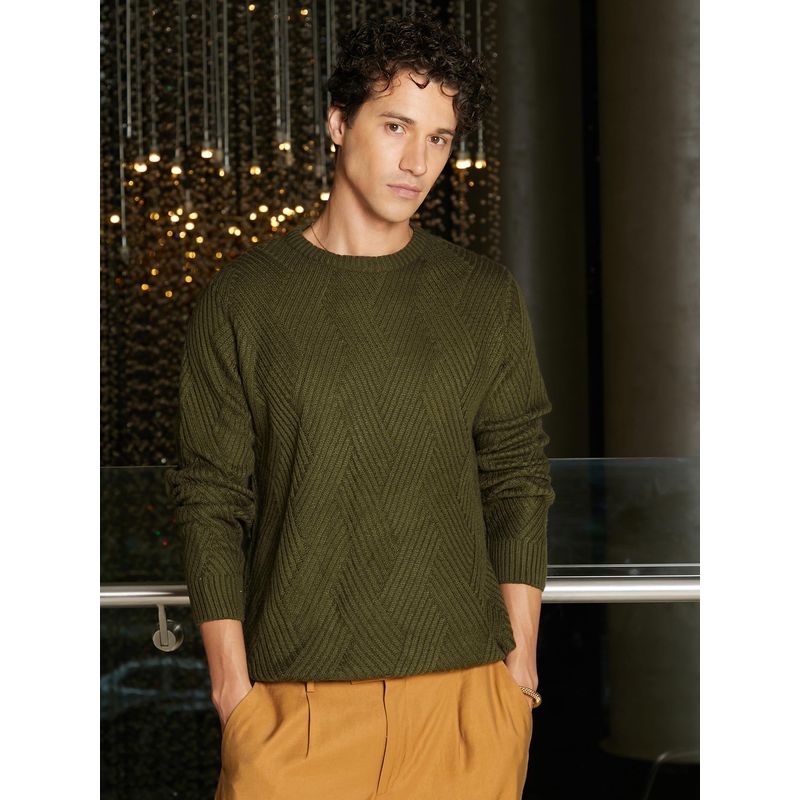 Campus Sutra Men Army Green Basket-Knit Pullover Sweater (XL)