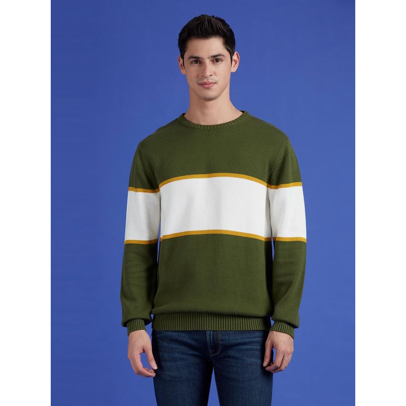 Pepe Jeans Green Colour Block Full Sleeve Sweater (S)