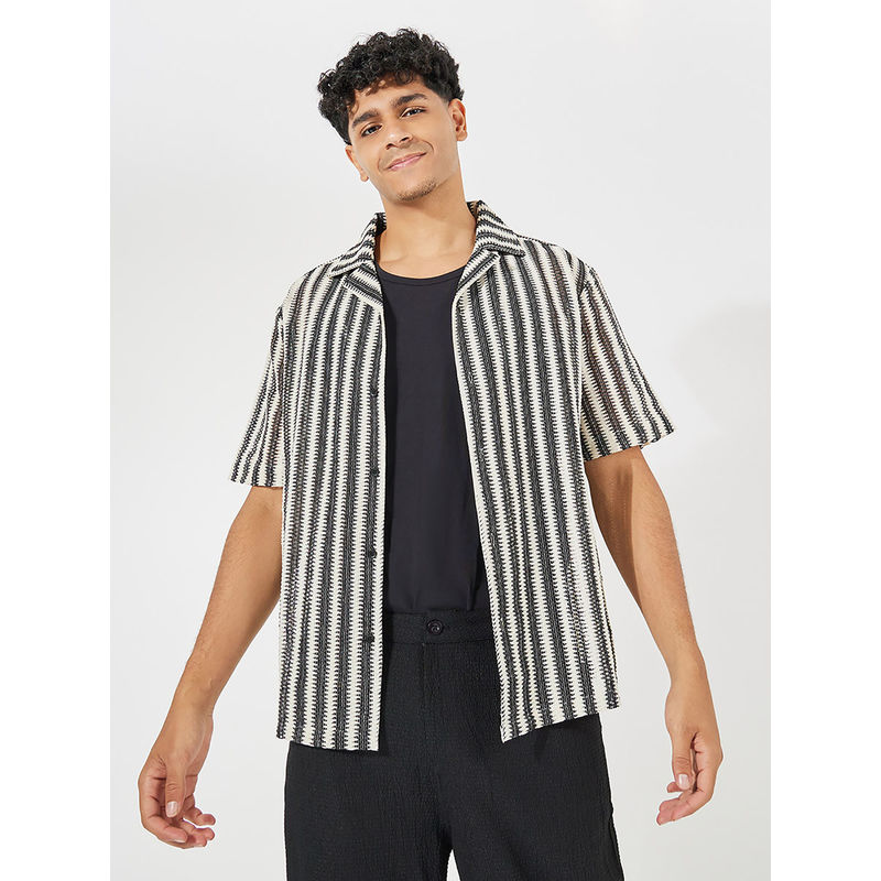Styli Men Multicolor Jacquard Stripe Pattern Resort Collar Relaxed Fit Shirt (L)