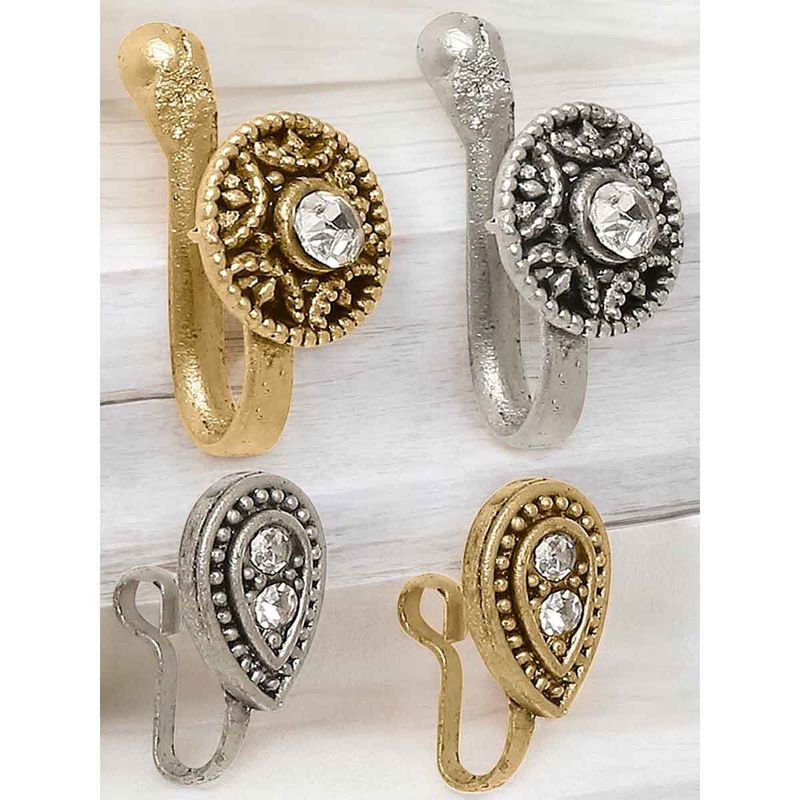 Antique Silver Finish Oxidised Stone Work Nosepin (Set of 5) 02