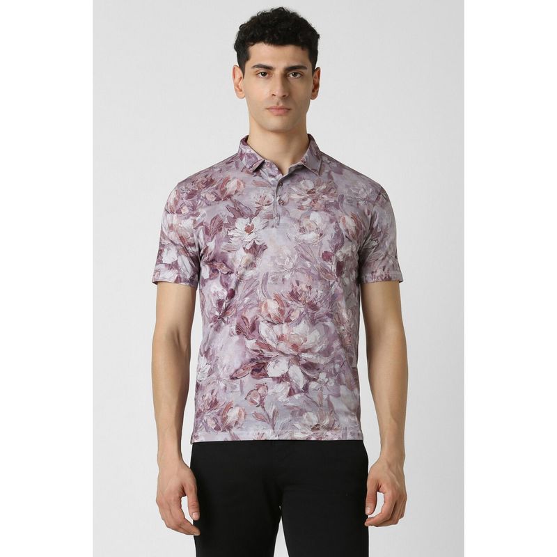 Van Heusen Men Purple Slim Fit Floral Printed Collar Neck Polo T-Shirt (L)