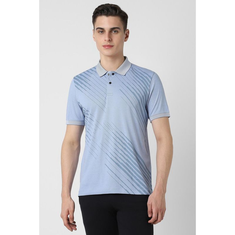 Van Heusen Men Blue Regular Fit Printed Collar Neck Polo T-Shirt (L)