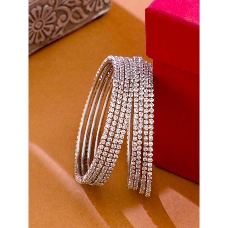 NVR Women American Diamond Silver Plated Bangles (Pack of 8) (L)