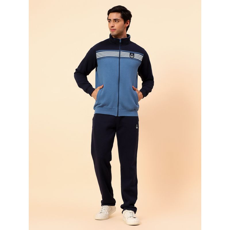 Cantabil Blue Fleece Turtle Neck Colorblock Regular Fit Tracksuit (XL)